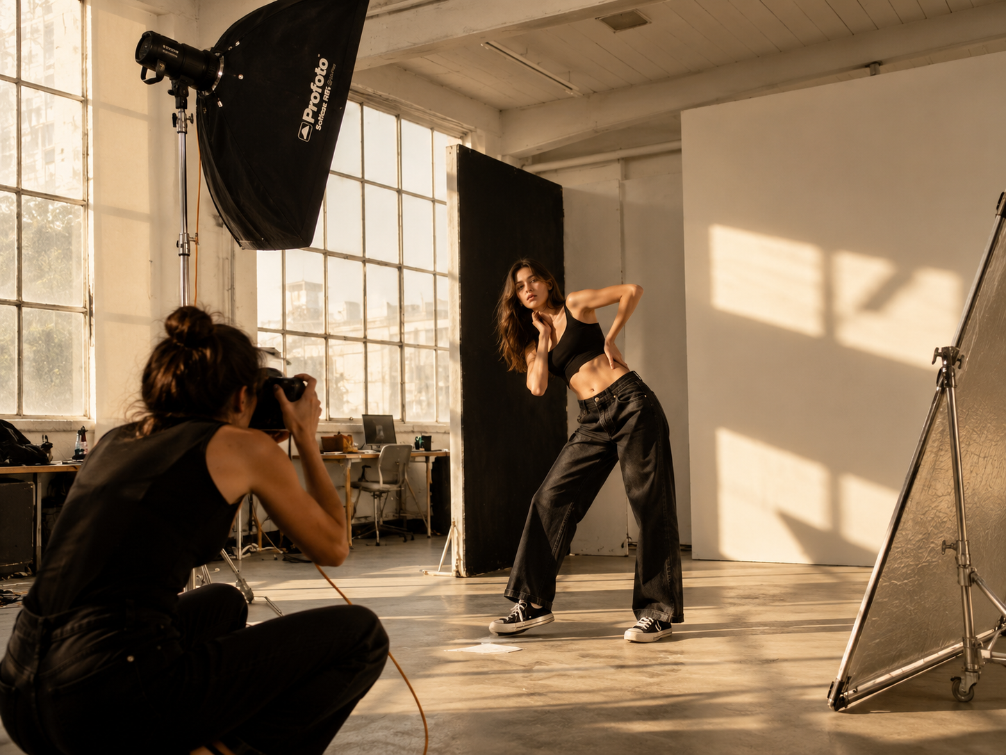 Nika într-un studio foto profesional în timpul unei ședințe editoriale